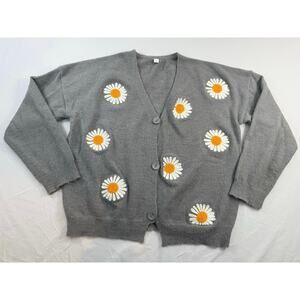 Cute Fuzzy Gray Cardigan With Embroidered Daisies Size Large Bright Cheery Soft